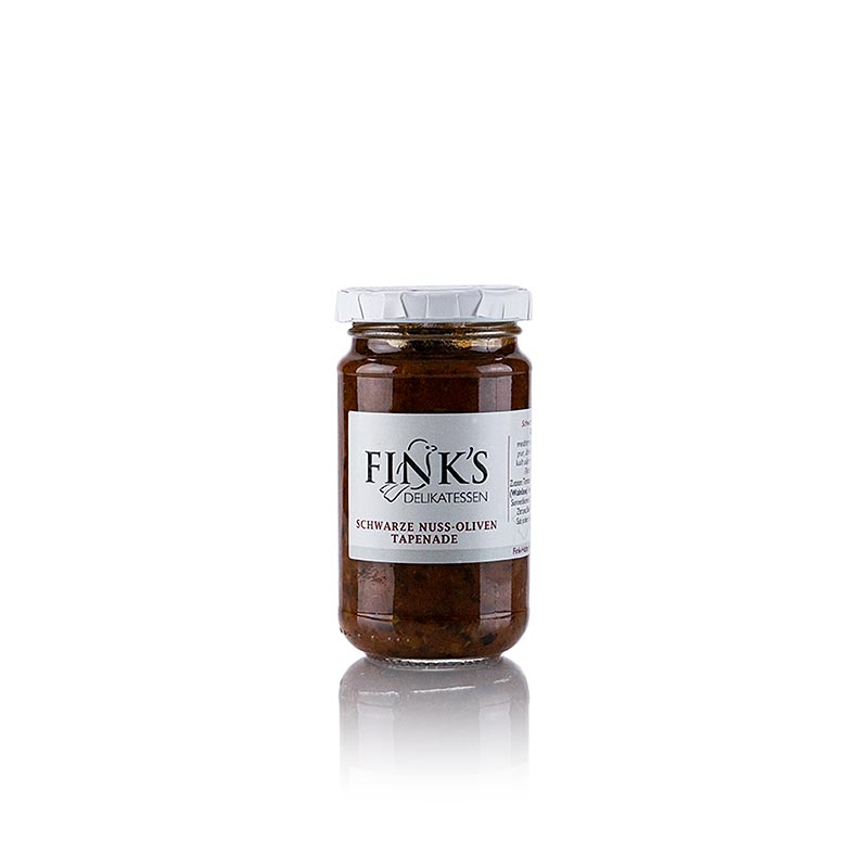 English: A 200g jar of Fink's Delikatessen Schwarze Nuss Oliven Tapenade, a delicious olive spread