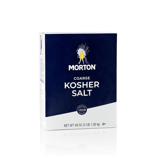 Large 136 kg container of Morton's coarse kosher salt, also known as koscheres Salz (English)