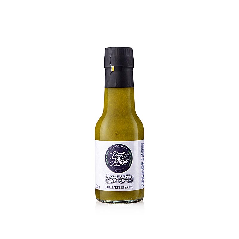 Uncle Jonnys Hot Sauce GREEN MACHINE, scharfe Chili Sauce, 150 ml - Produktbild mit grüner Flasche, die scharfe Chili Sauce und das Logo zeigt