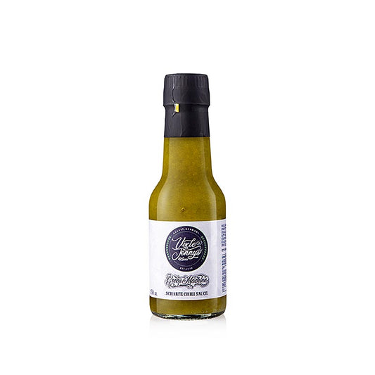 Uncle Jonnys Hot Sauce GREEN MACHINE, scharfe Chili Sauce, 150 ml - Produktbild mit grüner Flasche, die scharfe Chili Sauce und das Logo zeigt