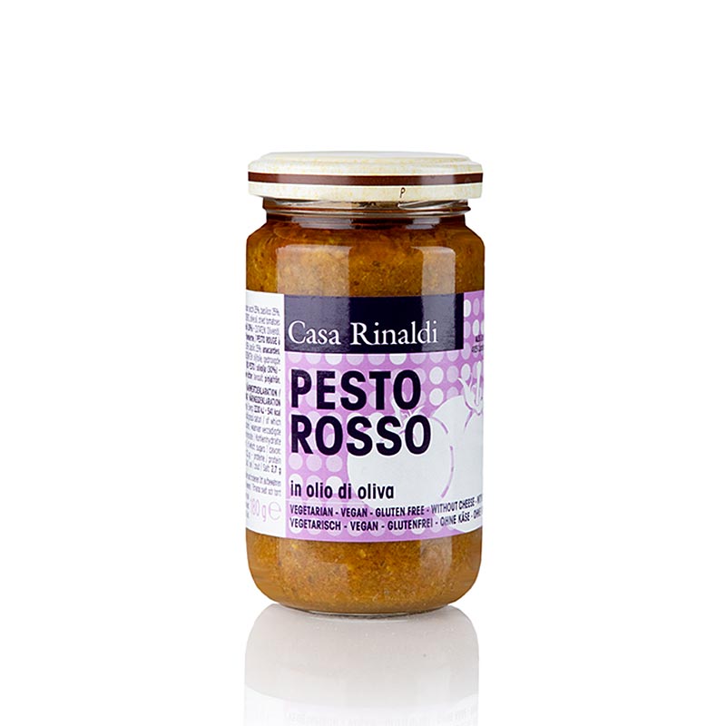 Pesto Rosso, Tomaten Pesto mit Olivenöl, vegan, Casa Rinaldi, 180 g - Ein Glas mit veganem Tomaten Pesto, hergestellt von Casa Rinaldi, in der Größe von 180 g