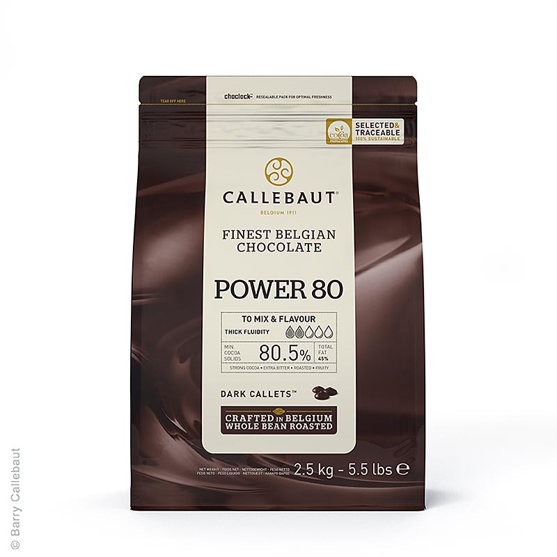 A photo of 25 kg of Callebaut Dark Power 80 Bitter Schokoladen Callets Couverture, a high-quality chocolate product for professional use