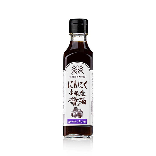 German

Alt-Text: 200 ml Flasche Shoyu Honjyozo Knoblauch Soja-Sauce mit natürlichen Aromen