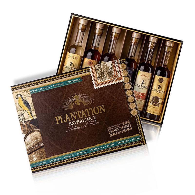 Geschenkbox mit 6 verschiedenen 10 cl Plantation Rum Flaschen, insgesamt 600 ml