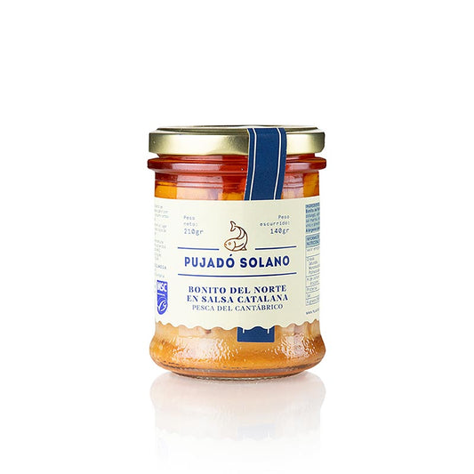 Bonito del Norte en Salsa Catalana, Thunfisch in Marinade, Pujado Solano, 210 g - Delicious Spanish tuna in a flavorful Catalan sauce, perfect for adding a touch of Mediterranean taste to your dishes