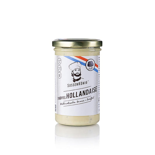 German

Alt Text: Sossenkönig - Trüffelhollandaise, küchenfertige Sauce in einer 250 ml Flasche, ideal für die Verfeinerung von Gerichten