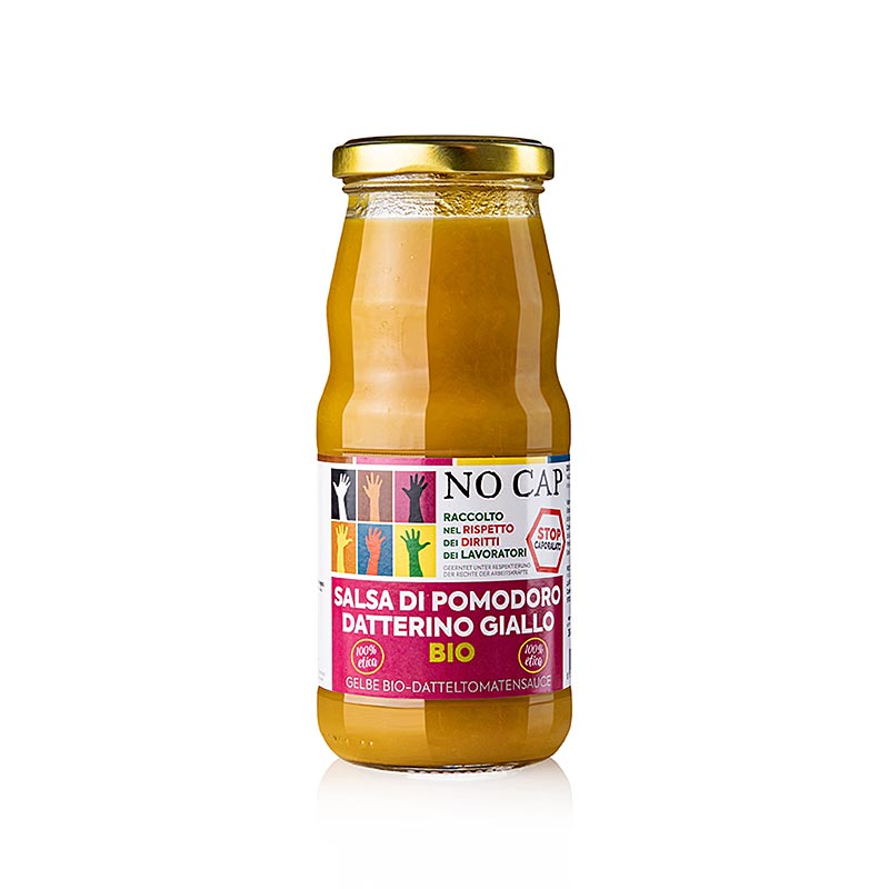 Organic yellow date tomato sauce in a 360g jar, with no cap, ideal for pasta dishes and made with natural ingredients