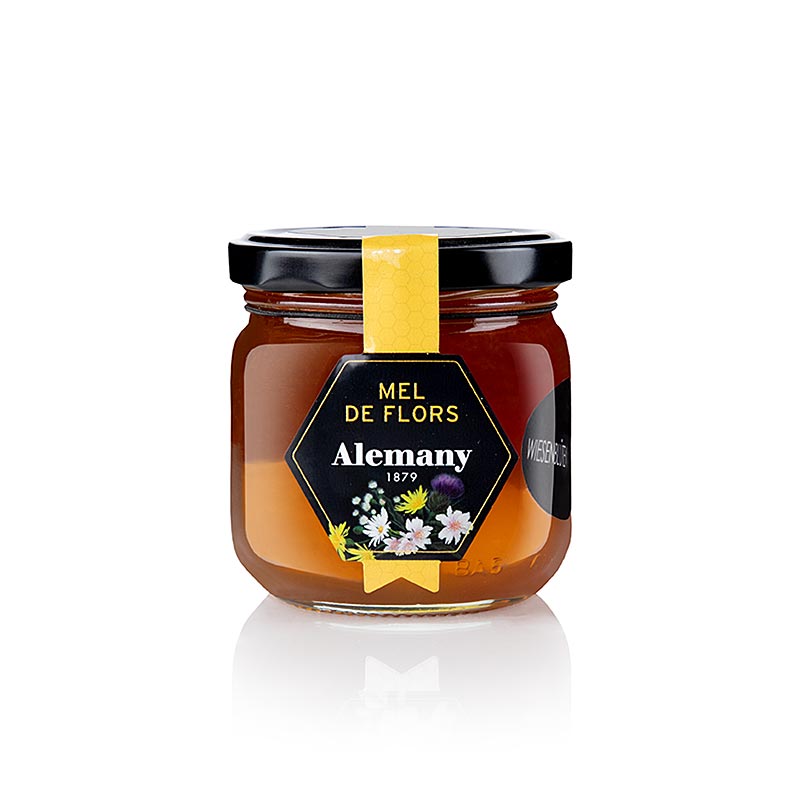 A 250g jar of Blütenhonig Mel de Flors from Spain, Alemany, with delicious floral aroma and golden color