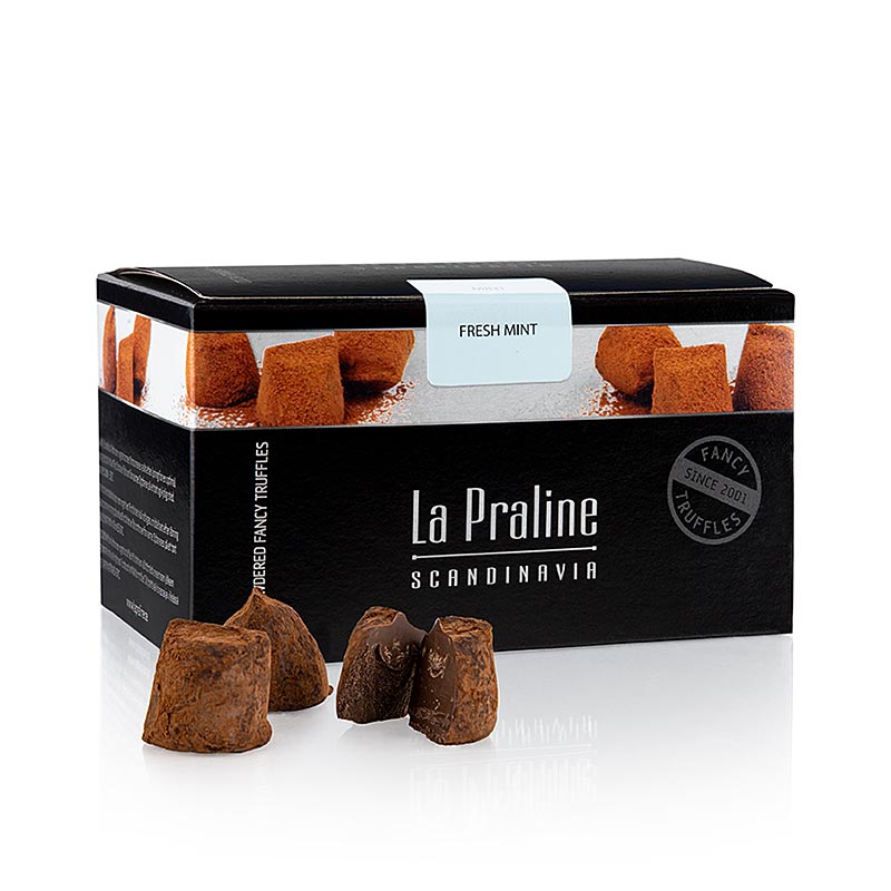 Indulge in the luxurious La Praline Fancy Truffles, a delectable 200g box of Swedish chocolate confectionery infused with refreshing peppermint, perfect for satisfying your sweet cravings