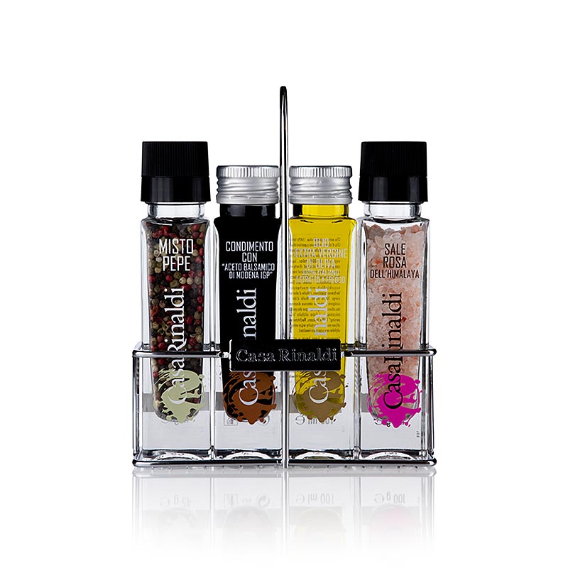 Four-piece set of Casa Rinaldi Menage with native olive oil, balsamic vinegar, colorful pepper, and salt, 156 kg, perfect for seasoning and flavoring dishes