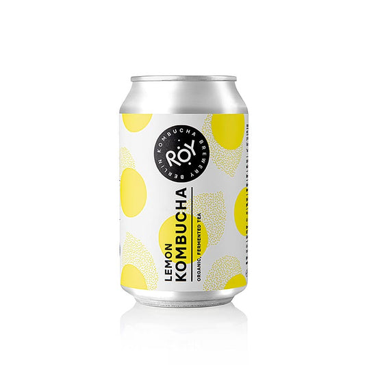 330ml bottle of ROY Lemon Kombucha Berlin, a certified organic, refreshing beverage (English)