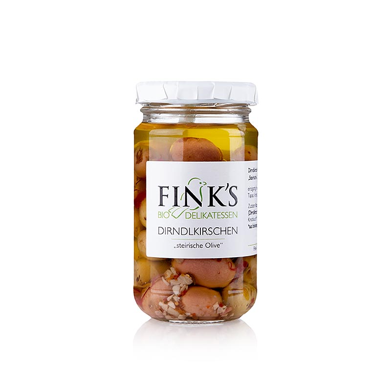 Organic Finks Delikatessen Dirndlkirschen Kornelkirschen eingelegt in a 180g jar