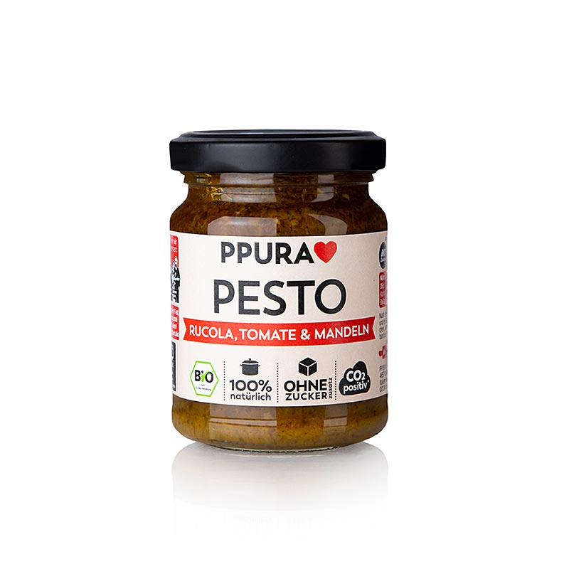 Ppura Pesto von Tomaten, Rucola & Mandeln, vegan, BIO, 120 g - Ein veganes Bio-Pesto aus sonnengereiften Tomaten, würzigem Rucola und knackigen Mandeln in einer 120g Packung