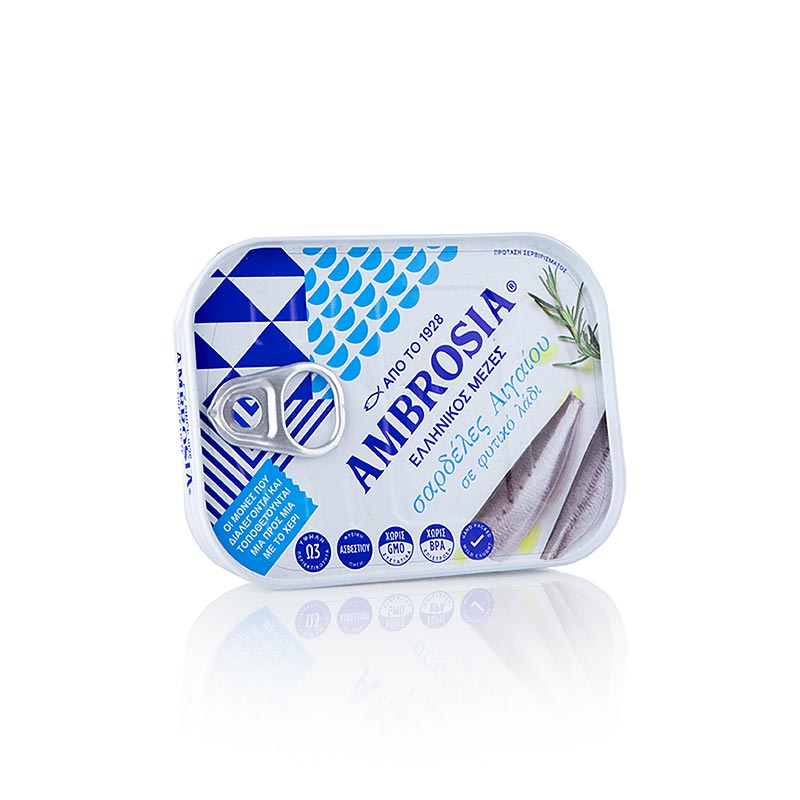 Can of Ambrosia Sardines in Oil, sourced from the Aegean Sea, 105 grams