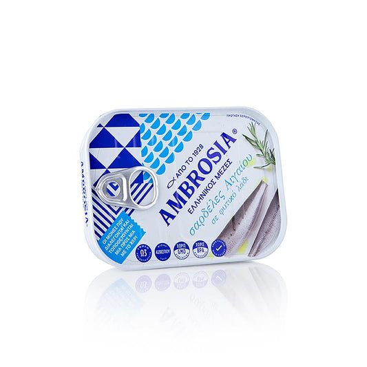 Can of Ambrosia Sardines in Oil, sourced from the Aegean Sea, 105 grams