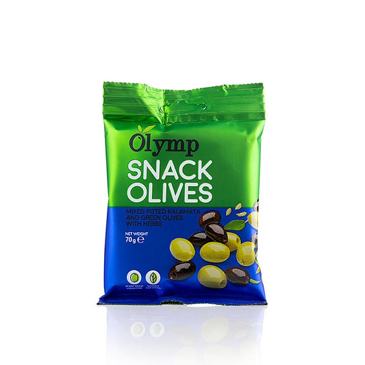 A 70g pack of snack olives, including Kalamata and green olives, without kernels, seasoned with herbs