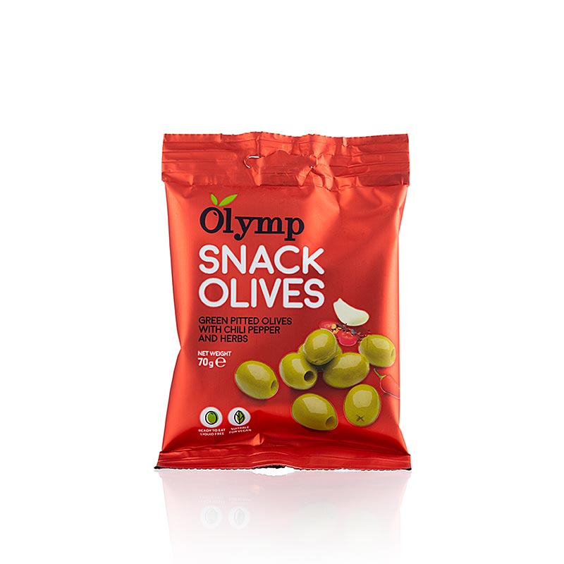 Snack Oliven, grüne Oliven, o. Kern, mit Chili & Kräutern, 70 g