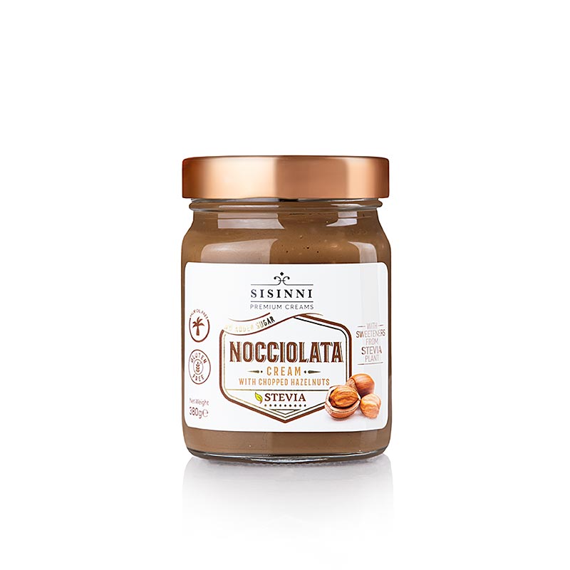 Nocciolata Creme, Haselnusscreme mit Stevia & Stückchen, Sisinni, 380 g - delicious and creamy hazelnut spread with natural sweetener and crunchy pieces