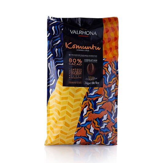 Valrhona Komuntu 80 %, Callets, Bitter Couverture (48579) 100 Jahre Jubiläum, 3 kg - premium dark chocolate couverture with 80% cocoa content in celebration of 100 years, 3 kg packaging