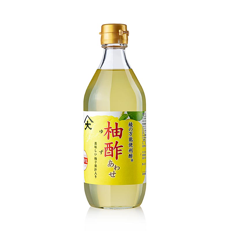 500 ml bottle of Premium Yuzu Essig, a high-quality vinegar made in Ohyama, Japan, with a refreshing citrus flavor, perfect for enhancing various dishes and beverages