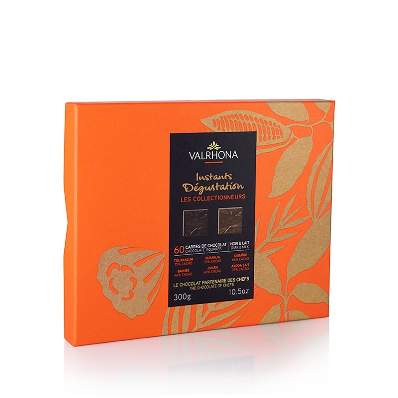 Valrhona Instants Degustation 60-piece milk and dark chocolate tasting squares, 300g, 60 count, product number 34269