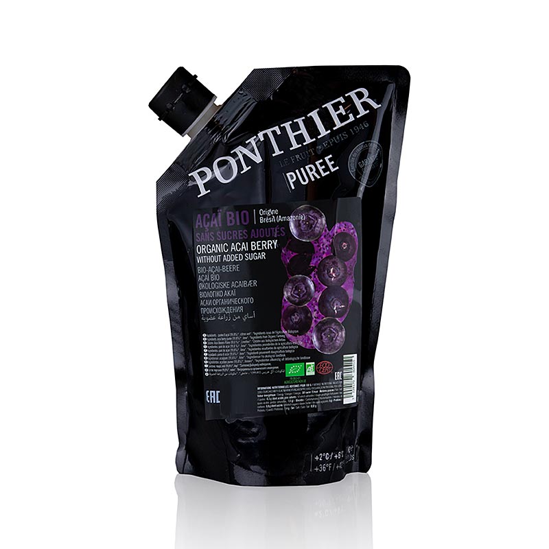 Organic, unsweetened 100% fruit Ponthier Acai Püree, 1 kg packaging