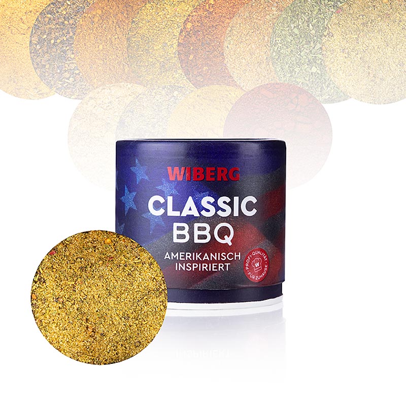 German:
Ein Glas Wiberg Classic BBQ, amerikanisch inspirierte Gewürzmischung, 115 g, ideal für Grillgerichte