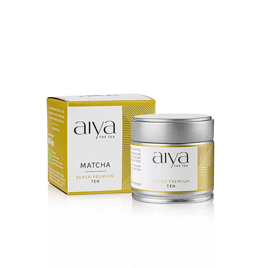 AIYA Matcha Ten, grüner Tee in SUPER Premium Zeremonie-Qualität, BIO, 30 g - a vibrant green powder in a beautifully designed tin, perfect for creating the highest quality ceremonial matcha drinks