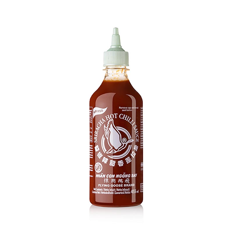 German: Sriracha Chili-Sauce ohne MSG, scharf, in einer 455 g Squeeze Flasche von Flying Goose