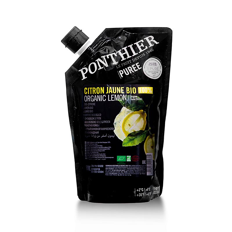 Ponthier Zitrone Püree, 100% Bio, 1 kg - Hochwertiges, frisches Zitronenpüree aus biologischem Anbau in praktischer 1 kg Verpackung