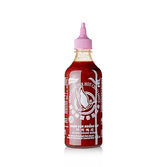 Flasche Sriracha Chili-Sauce ohne MSG, sehr scharf, von Flying Goose, 455 ml - Bildbeschreibung