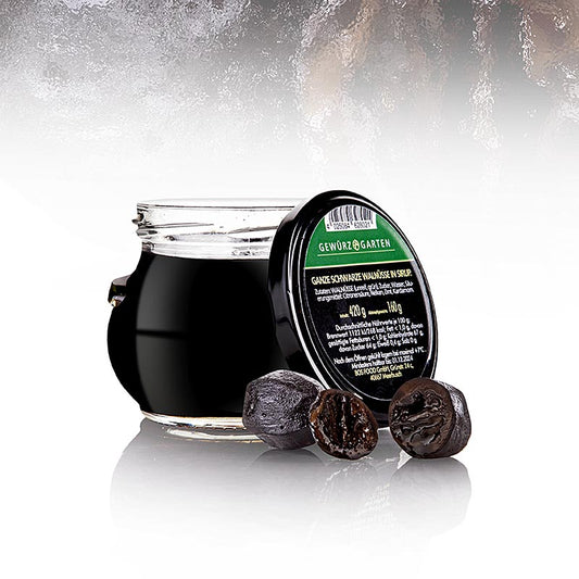 Alt text: Gewürzgarten whole black walnuts in syrup, 420g jar, with a net weight of 160g, 420g total weight, perfect for adding rich, nutty flavor to desserts and dishes