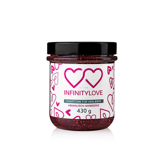 Delicious INFINITYLOVE Raspberry Himbeer Konfitüre Extra in a 430 g jar, perfect for spreading on toast or pastries