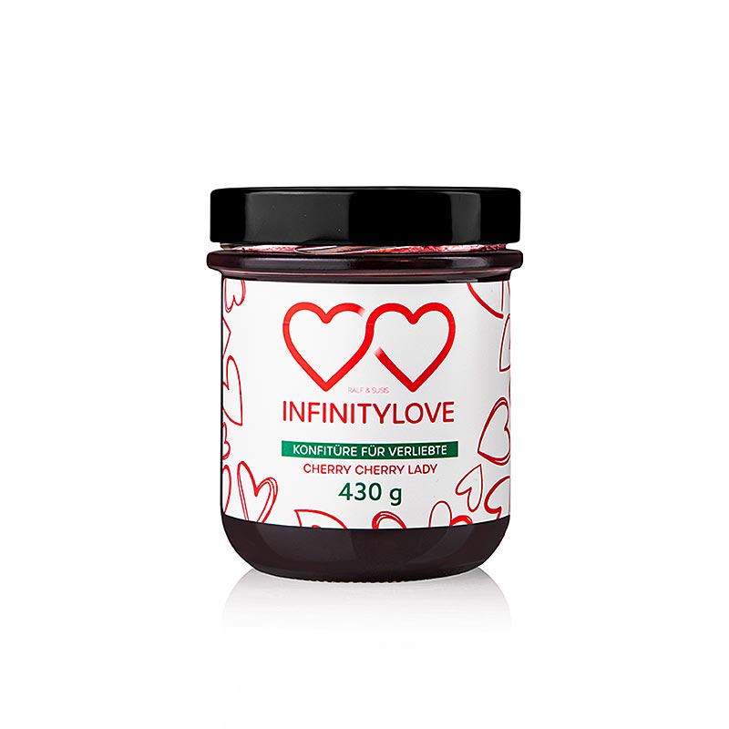 Ein Glas mit köstlicher INFINITYLOVE Cherry - Kirsch Konfitüre Extra, 430 g, perfekt für den Genuss auf frischem Brot oder als süße Zutat in Backwaren