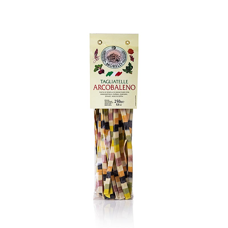 Bunte Regenbogenpasta, Nudeln Tagliatelle Arcobaleno Morelli 1860, 250 g, traditionelles italienisches Produkt