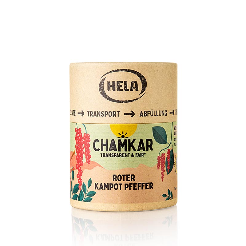 HELA Chamkar - Roter Kampot Pfeffer, getrocknet, ganz, ggA, 100 g - Traditioneller roter Kampot Pfeffer aus Kambodscha, handverlesen und luftgetrocknet, in einer Packung mit 100 g