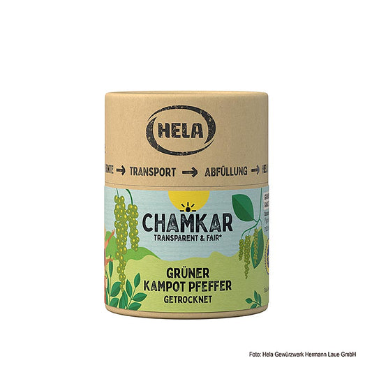 Alt text: HELA Chamkar - Grüner Kampot Pfeffer, getrocknet, ganze Pfefferkörner, geschützte geografische Angabe, 25 g Verpackung