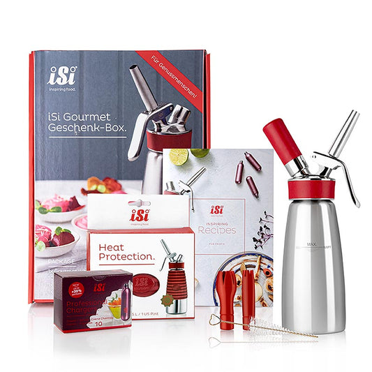 Alt text: Espuma iSi Gourmet Geschenk-Box showcasing the 05 L GourmetWhip with heat protection and 10 cartridges, a 4-piece set for creating delicious foam desserts and drinks