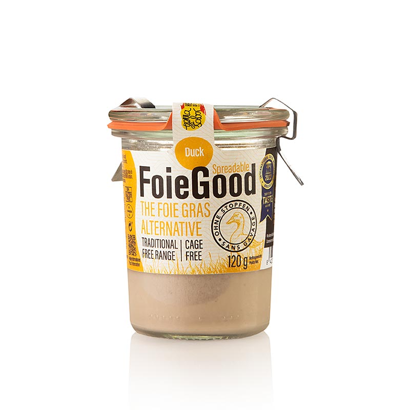 German

Alt text: Entenleber Pastete / Aufstrich, FoieGood (ohne Stopfen), 120 g - Feine Gänseleberpastete ohne Stopfen, perfekt für den Genuss auf frischem Brot oder Crackern