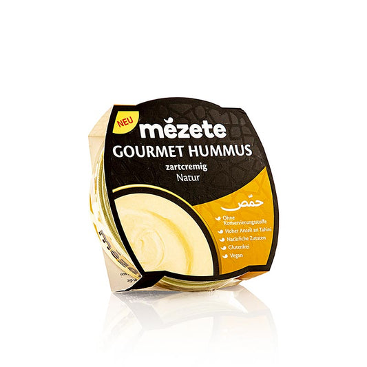 Gourmet Hummus Natur, a 215 g jar of smooth and creamy Kichererbsenpüree mit Sesampaste by Mézete, a delicious and nutritious spread made from chickpeas and sesame paste