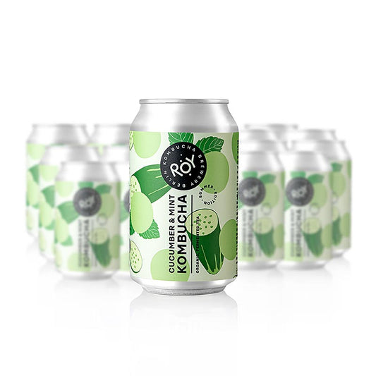 Fruchtiger ROY Gurken- und Minze-Kombucha 'Sommer Edition' aus Berlin, BIO-zertifiziert, 7,29 Liter, verpackt in 24 Flaschen à 330ml