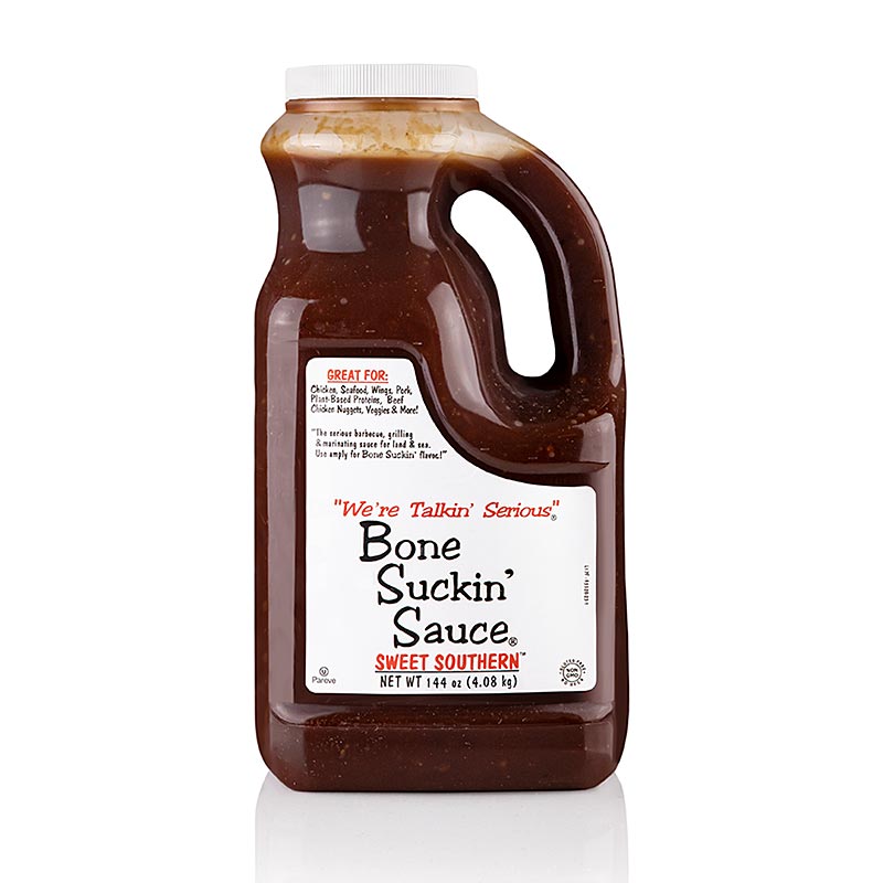 Alt text: Large 37 liter container of Bone Suckin' Sauce Sweet Southern by Ford's Food, a delicious and popular barbecue sauce