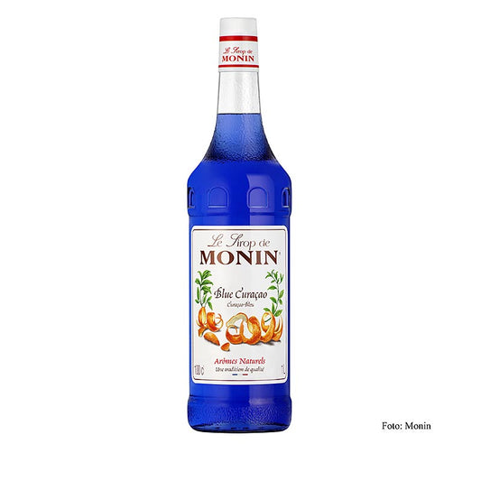 Alt text: 1 liter bottle of Monin Curacao Blue Syrup, a vibrant and flavorful product for cocktails and beverages