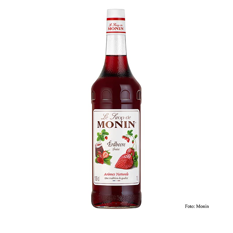 

A 1 liter bottle of Monin Erdbeere Sirup 1:8, a delicious and versatile strawberry syrup perfect for adding flavor to beverages and desserts