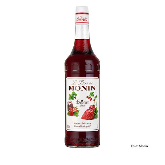 

A 1 liter bottle of Monin Erdbeere Sirup 1:8, a delicious and versatile strawberry syrup perfect for adding flavor to beverages and desserts