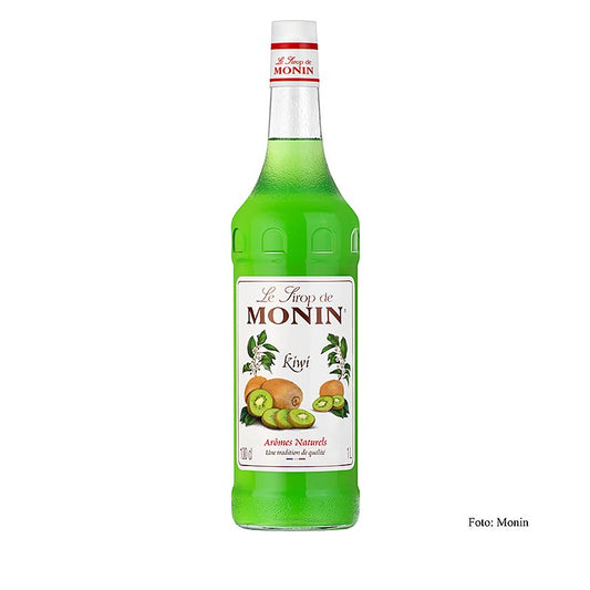 A 1 liter bottle of Monin Kiwi Syrup with a dilution ratio of 1:8