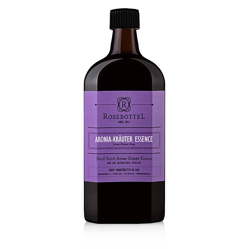 A 500 ml bottle of Rosebottel Aronia Essence Sirup, a natural fruit syrup