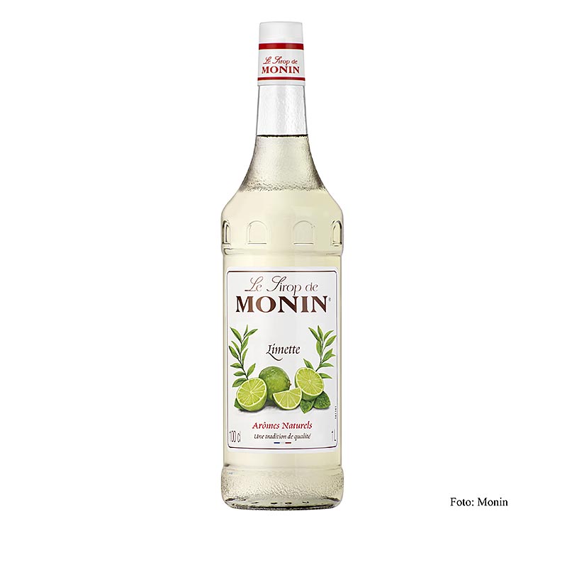 A bottle of Monin Lime Syrup made from green limes in a 1:8 ratio, 1 liter size, perfect for adding a zesty citrus flavor to your cocktails and beverages