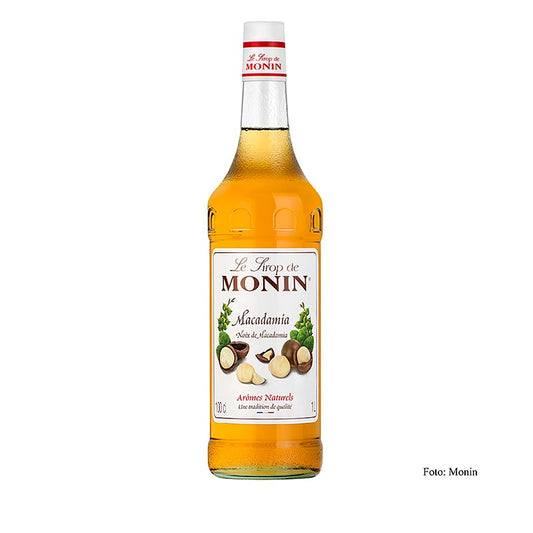 Flasche mit 1 Liter Monin Macadamia Nuss Sirup 1:8, perfekt zum Verfeinern von Kaffee und Cocktails