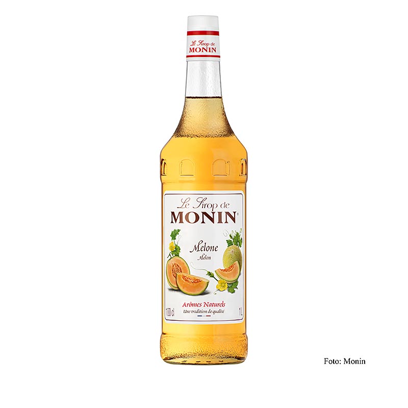 A 1 liter bottle of Monin Melonen Sirup 1:8, a delicious melon flavored syrup perfect for mixing into beverages and cocktails